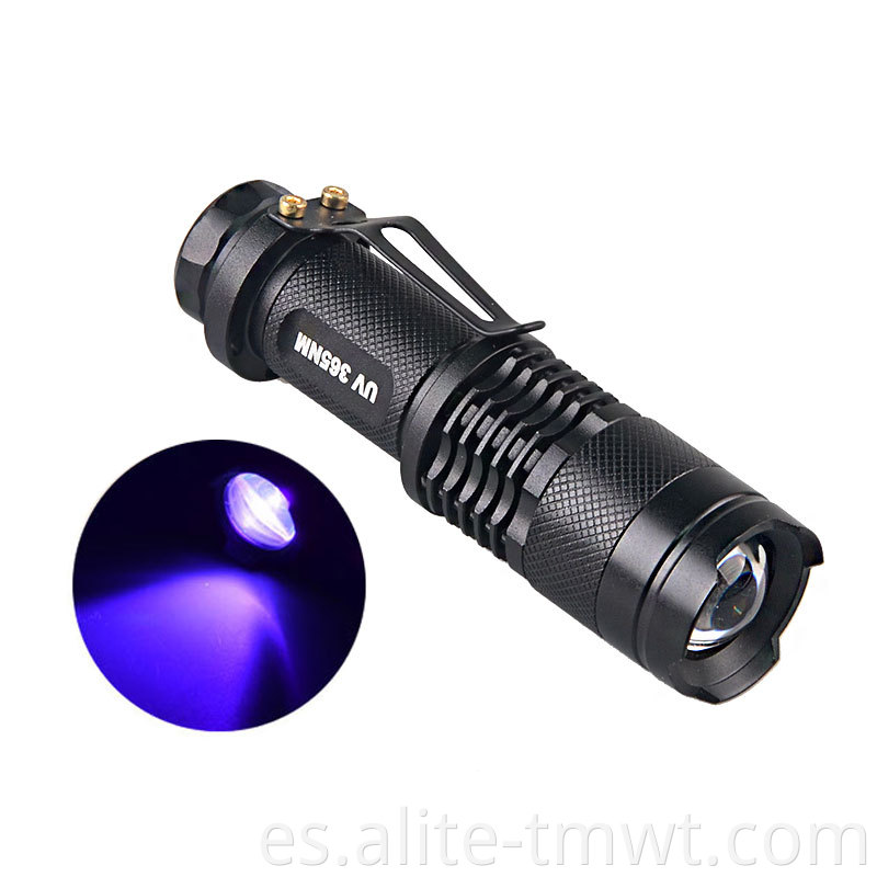 Potente lúmenes de luz de bolsillo con antorcha UV de 395 nm zoomable para acampar el uso de emergencia al aire libre